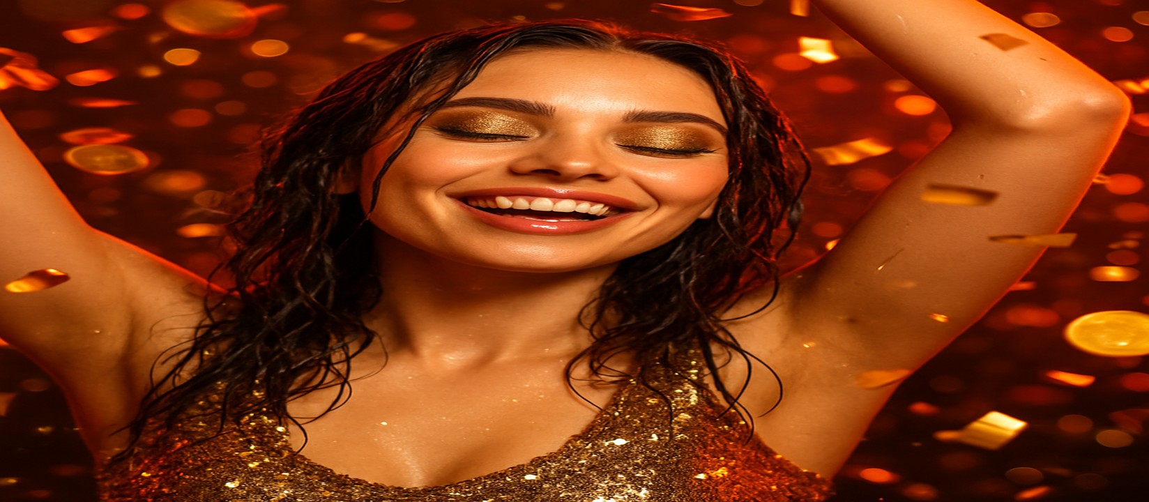 গেমিং প্ল্যাটফর্মে জয়ের আনন্দে উল্লসিত এক নারী, তার চারপাশে স্বর্ণমুদ্রা ছড়িয়ে পড়ছে 3666bdt